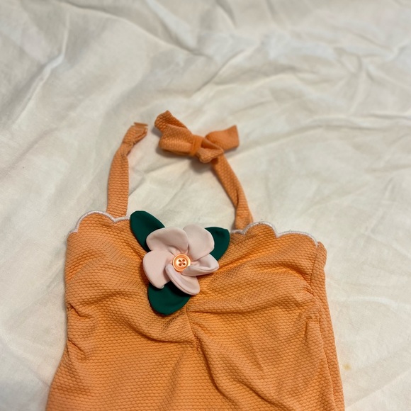 Janie and Jack Textured Orange Melon Halter One Piece Bathing Suit with Flower - Picture 2 of 3